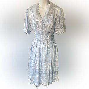 Vintage 1960s Light Blue Floral Wrap-Style Fit and Flare Dress
